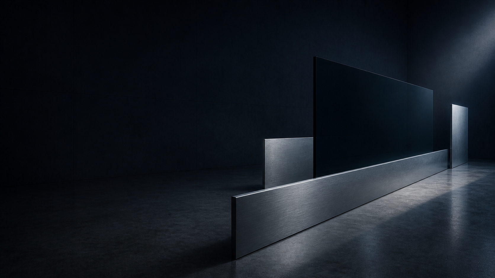 Independent brushed-metal and dark glass planes resolving into alignment through architectural perspective