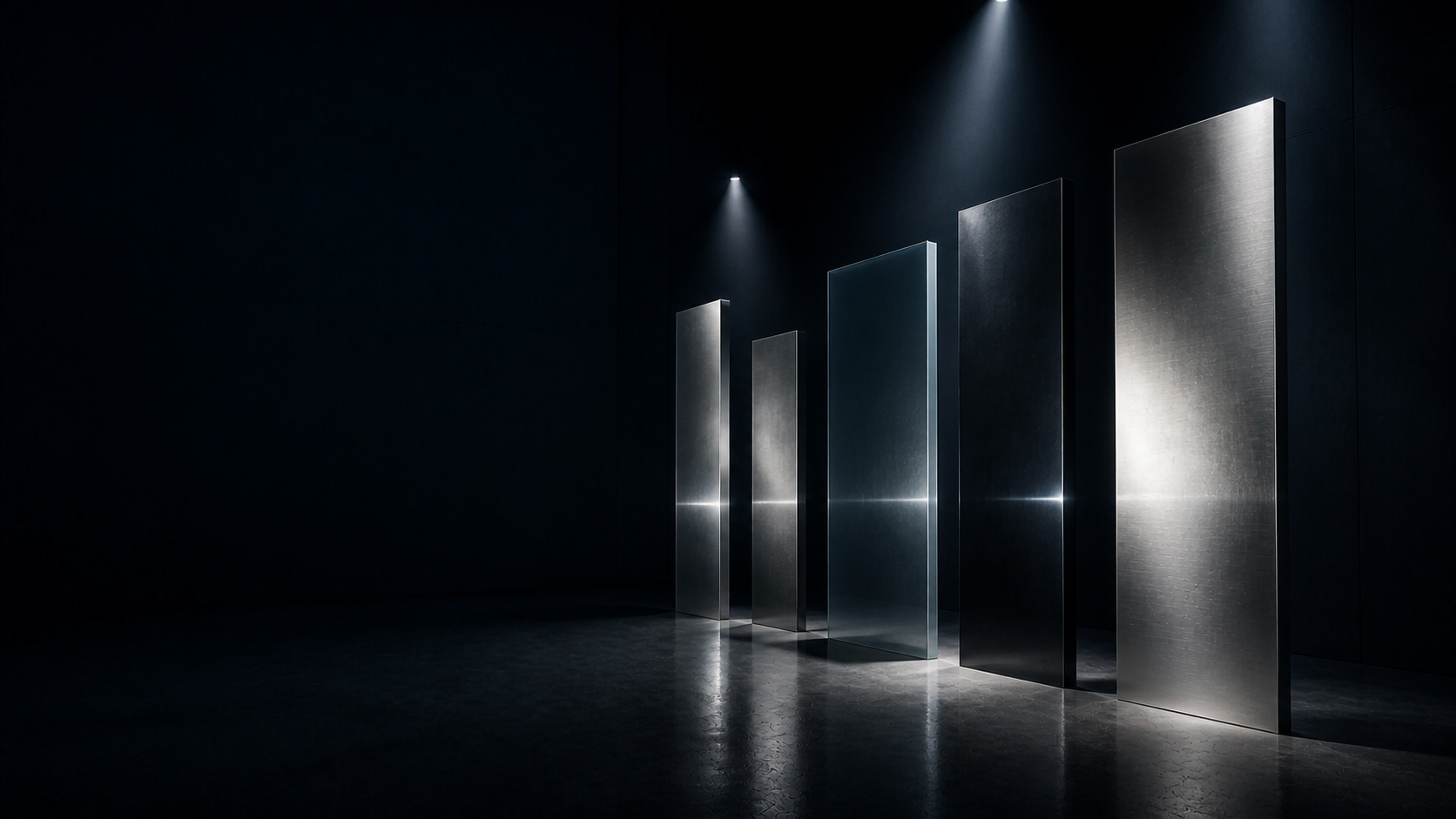 Independent metal and smoked-glass planes catching a shared reflected line of light
