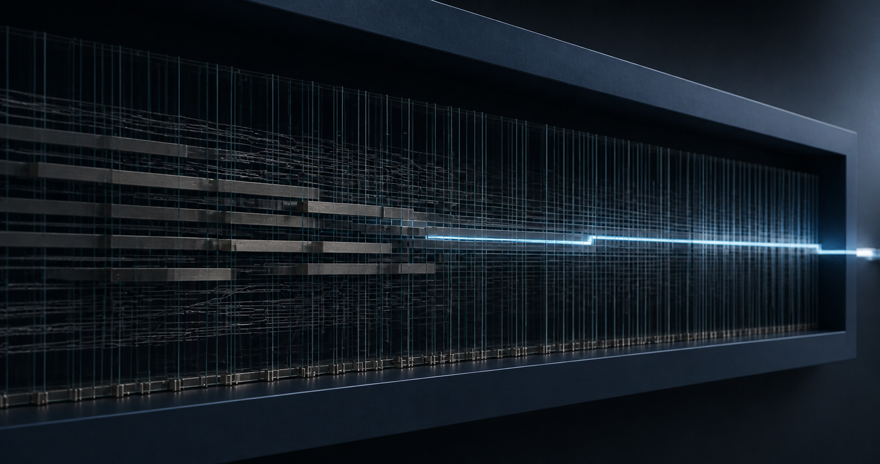 A precise illuminated route moving through a layered architectural structure