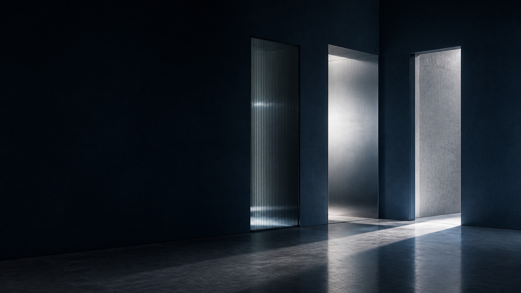Three architectural thresholds formed from smoked glass, silver and stone within one connected environment